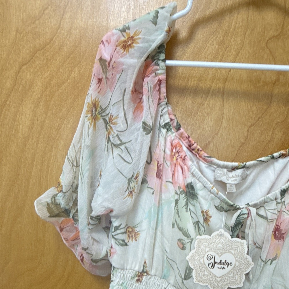 Indulge Women's Floral Smocked Puff Sleeve Ruffle Mini Dress XL White Pink NWT - Picture 5 of 10